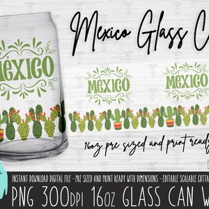 MEXICAN PNG 16oz Glass Can wrap, MEXICO pattern glass can png cut file, 25 de Mayo png Libbey sublimation Mejico cactus digital file png 672