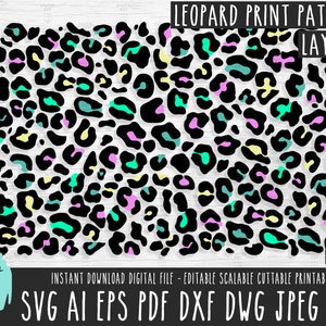 Puede incluir: Un patrón de estampado de leopardo en capas con manchas negras sobre un fondo blanco. Las manchas están rellenas de colores amarillo, rosa y turquesa. El texto "LEOPARD PRINT PATTERN LAYERED" está en la parte superior de la imagen. El texto "DAS 151" está en la parte inferior derecha de la imagen. El texto "INSTANT DOWNLOAD DIGITAL FILE - EDITABLE SCALABLE CUTTABLE PRINTABLE" está debajo de la imagen. El texto "SVG AI EPS PDF DXF DWG JPEG PNG" está en la parte inferior de la imagen.