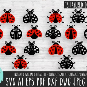 16 Paquete en capas Ladybug SVG, archivo imprimible Ladybug, Bug Clipart Cricut, descarga digital Red Ladybug, archivo vectorial de corazón Ladybug, Love 344