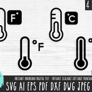 May include: A black and white digital design showing four thermometers, two with Fahrenheit symbols and two with Celsius symbols. The design includes the text "4 PACK" and "INSTANT DOWNLOAD DIGITAL FILE".
