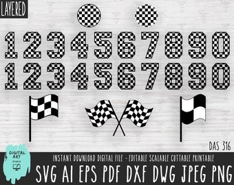 Könnte beinhalten: Ein Satz schwarzer und weißer karierter Zahlen von 1 bis 9 und 0. Die Zahlen sind in einer fetten, blockartigen Schriftart. Es gibt auch zwei karierte Flaggen, eine horizontal und eine diagonal. Der Text "LAYERED" befindet sich oben im Bild. Der Text "DAS 316" befindet sich unten rechts im Bild. Der Text "INSTANT DOWNLOAD DIGITAL FILE - EDITABLE SCALABLE CUTTABLE PRINTABLE" befindet sich unter den karierten Flaggen. Der Text "SVG AI EPS PDF DXF DWG JPEG PNG" befindet sich unten im Bild.