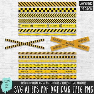 May include: A set of 15 printable yellow and black caution tape designs. The designs include "Danger", "Do Not Cross", "Warning", "Caution", and "Crime Scene".