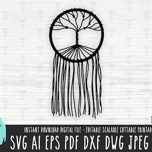 May include: Black and white silhouette of a dreamcatcher with a tree of life design. The dreamcatcher has a circular frame with a web-like pattern and a fringe of feathers.