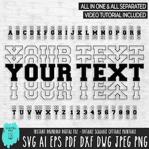 Pode incluir: Arquivo digital com letras, números e as palavras "YOUR TEXT" em uma fonte arrojada. Inclui tutorial em vídeo. Disponível nos formatos SVG, AI, EPS, PDF, DXF, DWG e JPEG PNG. Ideal para designs personalizados.