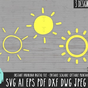3 SUN pack SVG, Sun PNG, Sun Vector Cut File, Sun brillando Clipart descarga digital, Sun Cricut Silhouette, Sun doodle, Sun sketch dxf 584