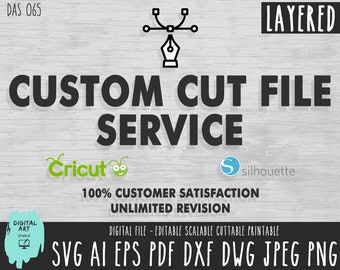 May include: A digital graphic design service advertises custom cut files for Cricut and Silhouette machines. The ad features a pen tool icon, the text "CUSTOM CUT FILE SERVICE", and the logos for Cricut and Silhouette. The ad also states "100% CUSTOMER SATISFACTION UNLIMITED REVISION" and lists the file formats available: SVG, AI, EPS, PDF, DXF, DWG, JPEG, and PNG.