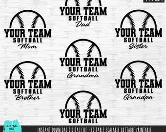 Paquete familiar de softbol SVG, monograma del equipo para mamá, papá, abuela, abuelo, hermana o hermano (descarga instantánea)