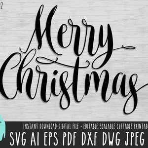 Può includere: File di download digitale in bianco e nero del testo "Merry Christmas" in un font corsivo. Il file è disponibile nei formati SVG, AI, EPS, PDF, DXF, DWG, JPEG e PNG.