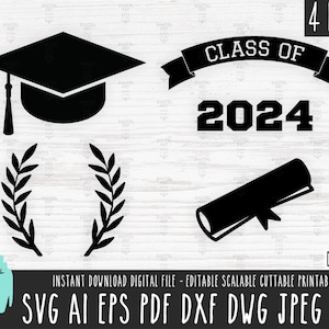 Clase de 2024 paquete sólido SVG, archivo vectorial de paquete de graduación, banner de diploma de sombrero de graduación Cricut/Silueta, Descarga digital de hojas de corona 714