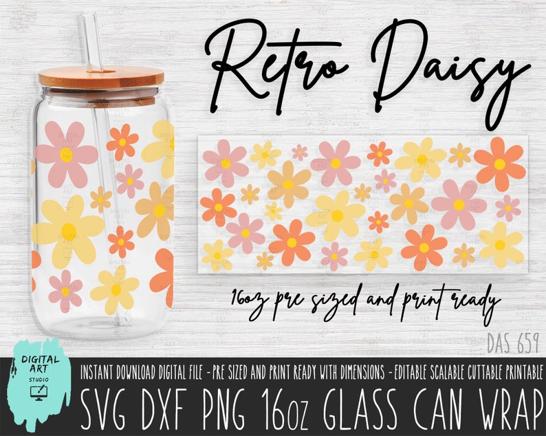 Retro Daisy 16oz Glass Can Wrap, SVG PNG DXF (digital Download) - Etsy
