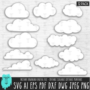 May include: A collection of twelve white cloud cutouts in various shapes, with soft shadows, arranged on a light wood-grain background. The words "12 PACK" are in the upper right corner. The bottom of the image has the text "INSTANT DOWNLOAD DIGITAL FILE - EDITABLE SCALABLE CUTTABLE PRINTABLE" and file type abbreviations.