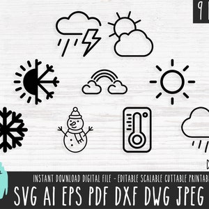 May include: A set of nine black and white weather icons, including a sun, a cloud, a snowflake, a snowman, a rainbow, a thermometer, and a lightning bolt. The icons are on a white woodgrain background. 9 PACK and DAS 498 are also included in the image.