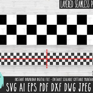 Pode incluir: Um padrão sem costura em camadas com um design xadrez em preto e branco. O padrão é repetido horizontal e verticalmente. O padrão é em camadas com uma linha vermelha no centro. O texto "LAYERED SEAMLESS PATTERN" está no topo da imagem. O texto "DAS 436" está no canto inferior direito da imagem. O texto "INSTANT DOWNLOAD DIGITAL FILE - EDITABLE SCALABLE CUTTABLE PRINTABLE" está abaixo do padrão. O texto "SVG AI EPS PDF DXF DWG JPEG PNG" está na parte inferior da imagem.