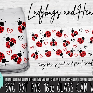 LADYBUG 16oz Glass Can wrap, Coccinella cuori vetro può tagliare file SVG, sublimazione Ladybug PNG Libbey, Ladybug Love download digitale SVG 622