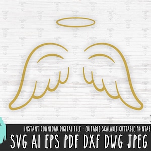 May include: A digital download of a gold angel wing design with a halo. The design is ideal for crafting projects, scrapbooking, and more.