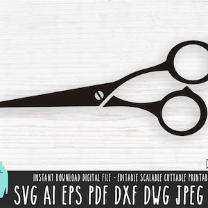May include: Black silhouette of a pair of scissors with two rings. The scissors are on a white woodgrain background.
