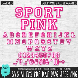 SPORT letters gelaagde svg, COLLEGE letters, cijfers en symbolen png, roze alfabet Cricut Procreate, Varsity letters digitale download dxf 250