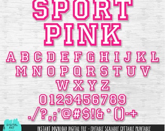 Rosa Varsity Schriftart, College Buchstaben, Zahlen (Digitaler Download)
