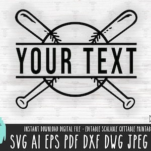 May include: Black and white baseball-themed split monogram design with two crossed bats and a baseball. The text "YOUR TEXT" is in the centre of the design.