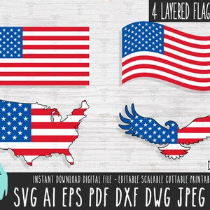 4 Paquete en capas de bandera estadounidense svg USA Eagle flag Clipart Cricut Procreate Us flag map vector file American EUA flag descarga digital 254