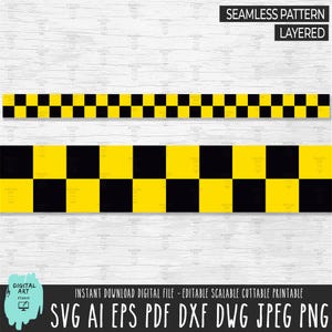 Puede incluir: Una descarga digital de un patrón sin costuras con un diseño a cuadros negro y amarillo. El patrón está en capas y se puede utilizar para manualidades, scrapbooking y otros proyectos creativos. Los formatos de archivo incluidos son SVG, AI, EPS, PDF, DXF, DWG, JPEG y PNG.