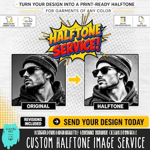 May include: A digital service advertisement featuring the text "HALFTONE SERVICE!" in a comic-style burst. It displays a side-by-side comparison of a grayscale portrait and its halftone version, both showing a person wearing a beanie and sunglasses.