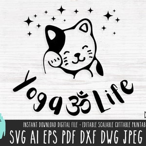 Conception de yoga vie Om SVG, fichier de coupe imprimable Yoga chat porte-bonheur, OM Yoga Kitty Cricut Silhouette, téléchargement numérique svg méditation png 497
