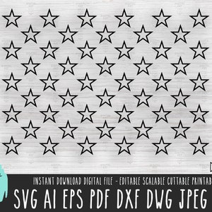 May include: A pattern of black outline stars arranged in rows. The image includes the text "INSTANT DOWNLOAD DIGITAL FILE - EDITABLE SCALABLE CUTTABLE PRINTABLE" and file type abbreviations. The Digital Art Studio logo is in the lower left corner.