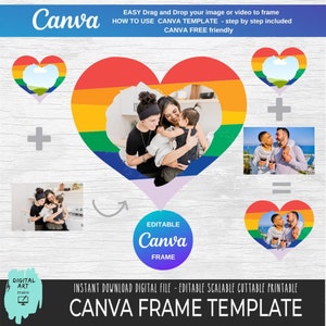 Rainbow LGBT Heart Canva Frame Drag and Drop Liefdesportret Sjabloon Trouwfoto Gratis vriendelijke douche gunst bff Familieportret Commercieel