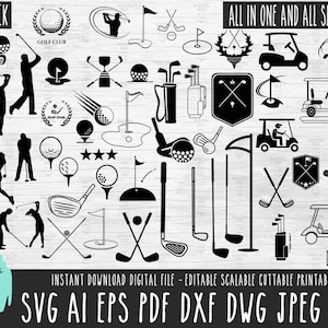 50 ゴルフアイコンバンドル SVG、ゴルフ要素ベクターファイル、ゴルフイラスト Cricut/シルエット/Procreate、ゴルファーデジタルダウンロード png jpeg pdf 172