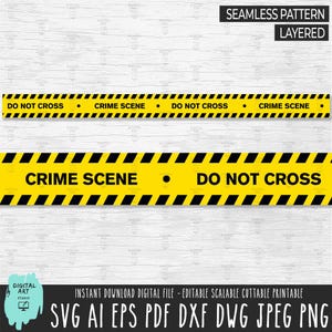 May include: A digital download of a seamless pattern featuring a yellow and black crime scene tape with the text "DO NOT CROSS" and "CRIME SCENE". The pattern is layered and can be used for crafting, scrapbooking, and other creative projects.