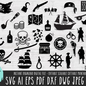 Puede incluir: Un conjunto de 33 archivos de corte SVG de temática pirata en blanco y negro. Los archivos incluyen una variedad de imágenes como un barco pirata, una calavera y huesos cruzados, un ancla, un cofre del tesoro, un loro y un sombrero de pirata. El texto "33 PACK" es visible en la esquina superior derecha de la imagen.