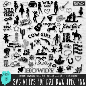 May include: A collection of 70 black and white Wild West themed digital graphics. Includes cowboy hats, boots, guitars, horses, cacti, and text elements like "Cowgirl", "Howdy", and "Wild West". Perfect for crafting projects.