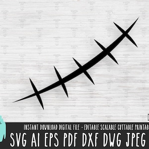 Puede incluir: Silueta en blanco y negro de una herida cosida, que se asemeja a una cicatriz o puntos de sutura. Este diseño gráfico es perfecto para decoraciones de Halloween, disfraces o proyectos de manualidades.