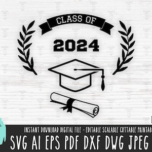 Clase de 2024 logotipo SVG, archivo vectorial de contorno del logotipo Prom 2024, banner de diploma de sombrero de graduación Corona Cricut/Silueta, Descarga digital PNG 716