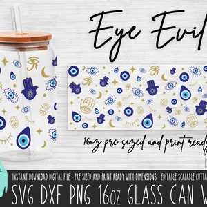 EVIL EYE 16oz Glass Can wrap, Evil eye glass can svg archivo cortado, sublimación Libbey PNG de ojo turco, Hechizo esotérico dxf descarga digital 660