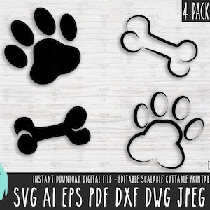 2 Dog paw & bone solid icon pack SVG, Dog paw bone outline Silhouette Cricut Procreate Puppy paw vector Pet footprint digital download 224
