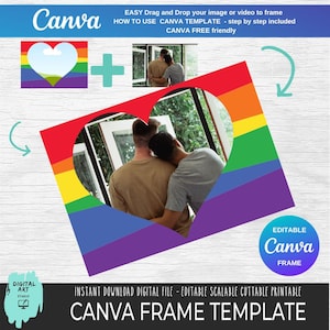 Rainbow Heart Canva Frame Drag and Drop Liefdesportret Sjabloon Trouwfoto Gratis vriendelijke douche gunst bff Familieportret Commercieel gebruik
