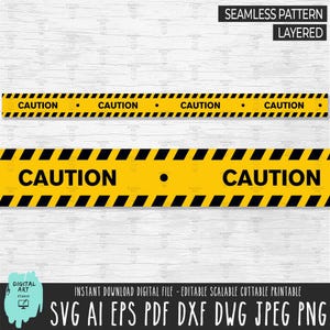 Puede incluir: Una descarga digital de un patrón sin costuras que presenta una cinta de precaución amarilla y negra con la palabra "PRECAUCIÓN" repetida. El patrón está en capas y se puede utilizar para manualidades, scrapbooking y otros proyectos creativos.