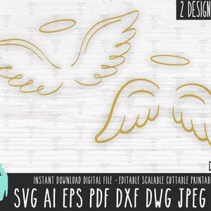 May include: Two designs of angel wings with halos. The wings are outlined in gold and have a simple, elegant design. The halos are also outlined in gold.