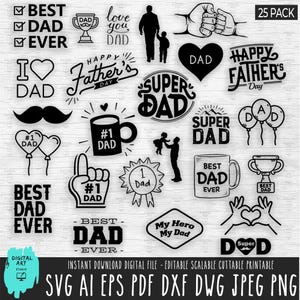 Pode incluir: Uma coleção de gráficos em preto e branco com o tema do Dia dos Pais. Inclui texto como "Melhor pai de todos", "Super pai" e "Feliz Dia dos Pais", juntamente com silhuetas de pai e filho e outros designs relacionados. A imagem também inclui o texto "25 PACK".