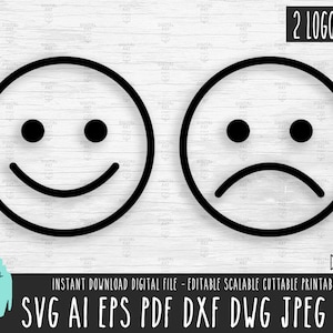 Icono de cara feliz y triste SVG, archivo vectorial de contorno de sonrisa, Ilustración triste Cricut/Silhouette/Procreate, Smiley Sad descarga digital png pdf 180