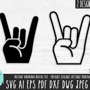 Rock Hands 2 Pack SVG, archivo vectorial de silueta, mano de música rock Cricut/Silhouette/Procreate, descarga digital de mano de rock bebé png dxf pdf 558