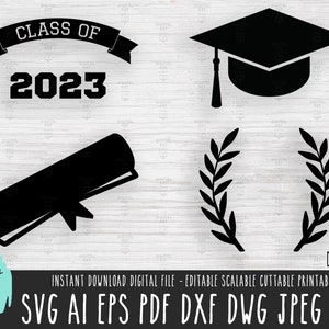 Clase de 2023 paquete sólido SVG, archivo vectorial de paquete de graduación, banner de diploma de sombrero de graduación Cricut/Silueta, Descarga digital de hojas de corona 314
