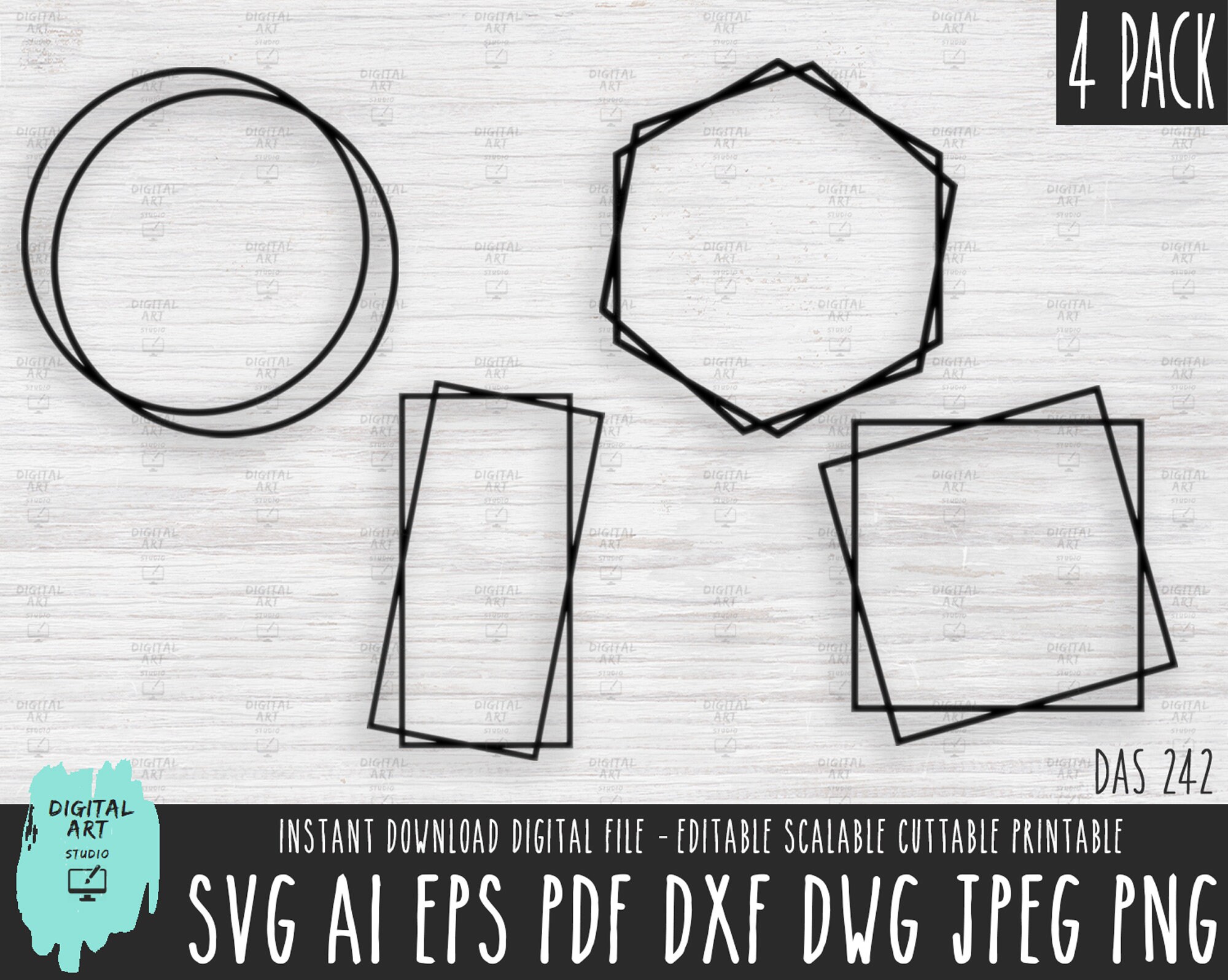 4 Double Frame Pack SVG Round Frame Vector File Square Frame SVG Cricut ...