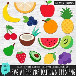 Puede incluir: Una colección de 15 ilustraciones de frutas en capas, que incluyen un plátano amarillo, una manzana roja y una pera verde. Otras frutas incluyen una rodaja de naranja, arándanos, cerezas, coco, sandía, kiwi, fresa, aguacate, limón y uvas.