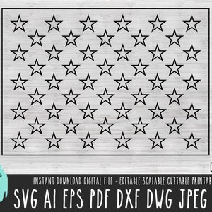 May include: Black and white outline of a US flag with 50 stars. The stars are arranged in a grid pattern.