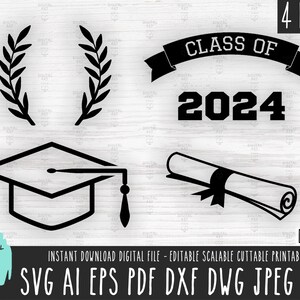 Clase de 2024 Paquete SVG, Archivo vectorial del paquete de graduación, Banner de diploma de sombrero de graduación Cricut/Silhouette/Procreate, Corona Descarga digital 713