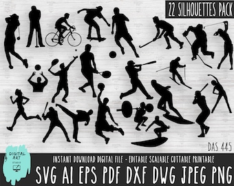 Könnte beinhalten: Ein Satz von 22 Schwarzweiß-Silhouettenbildern von Personen, die verschiedene Sportarten ausüben, darunter Golf, Tennis, Baseball, Basketball, Hockey, Skifahren, Surfen, Gewichtheben und Laufen. Der Text "22 Silhouettes Pack" und "DAS 445" ist oben und unten im Bild sichtbar. Der Text "INSTANT DOWNLOAD DIGITAL FILE - EDITABLE SCALABLE CUTTABLE PRINTABLE" ist in der Mitte des Bildes sichtbar. Der Text "SVG AI EPS PDF DXF DWG JPEG PNG" ist unten im Bild sichtbar.
