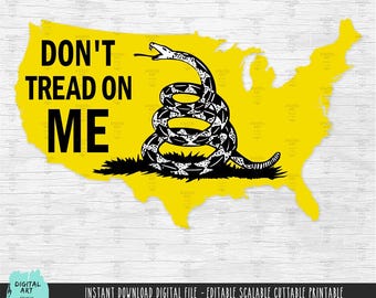 May include: A yellow outline of the United States with a black and white coiled snake inside. The text "Don't Tread On Me" is written in black letters on the yellow background.